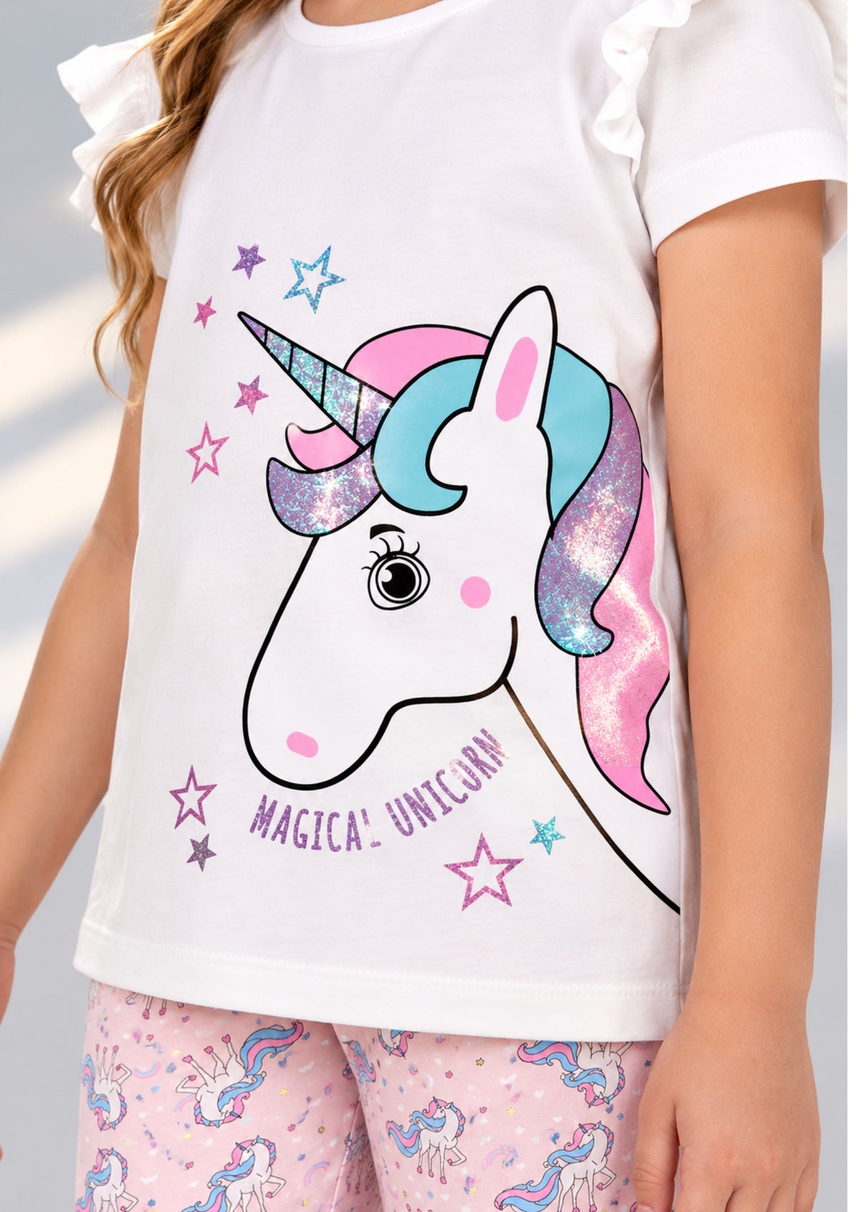 Unicorn & Bird Print Girls Tee & Jogger Co-ord Set – Pure Cotton, Set of 2 White &Teal Blue