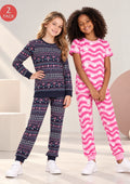 Floral & Aztec Print Girls Tee & Jogger Co-ord Set – Pure Cotton, Set of 2 Pink & Navy