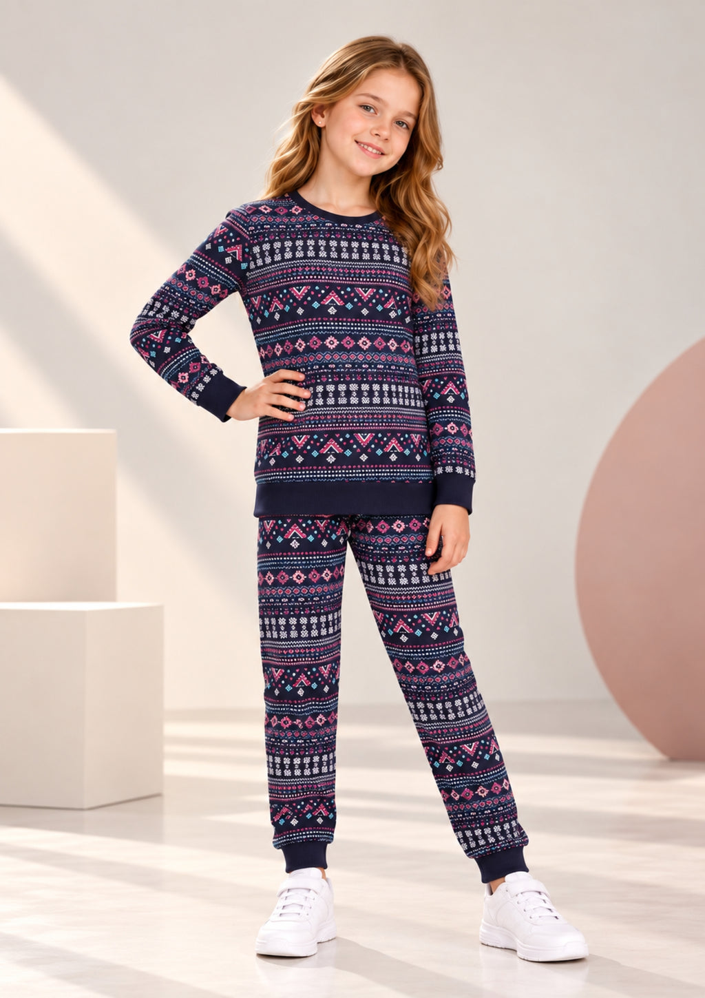 Floral & Aztec Print Girls Tee & Jogger Co-ord Set – Pure Cotton, Set of 2 Pink & Navy