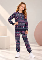 Floral & Aztec Print Girls Tee & Jogger Co-ord Set – Pure Cotton, Set of 2 Pink & Navy