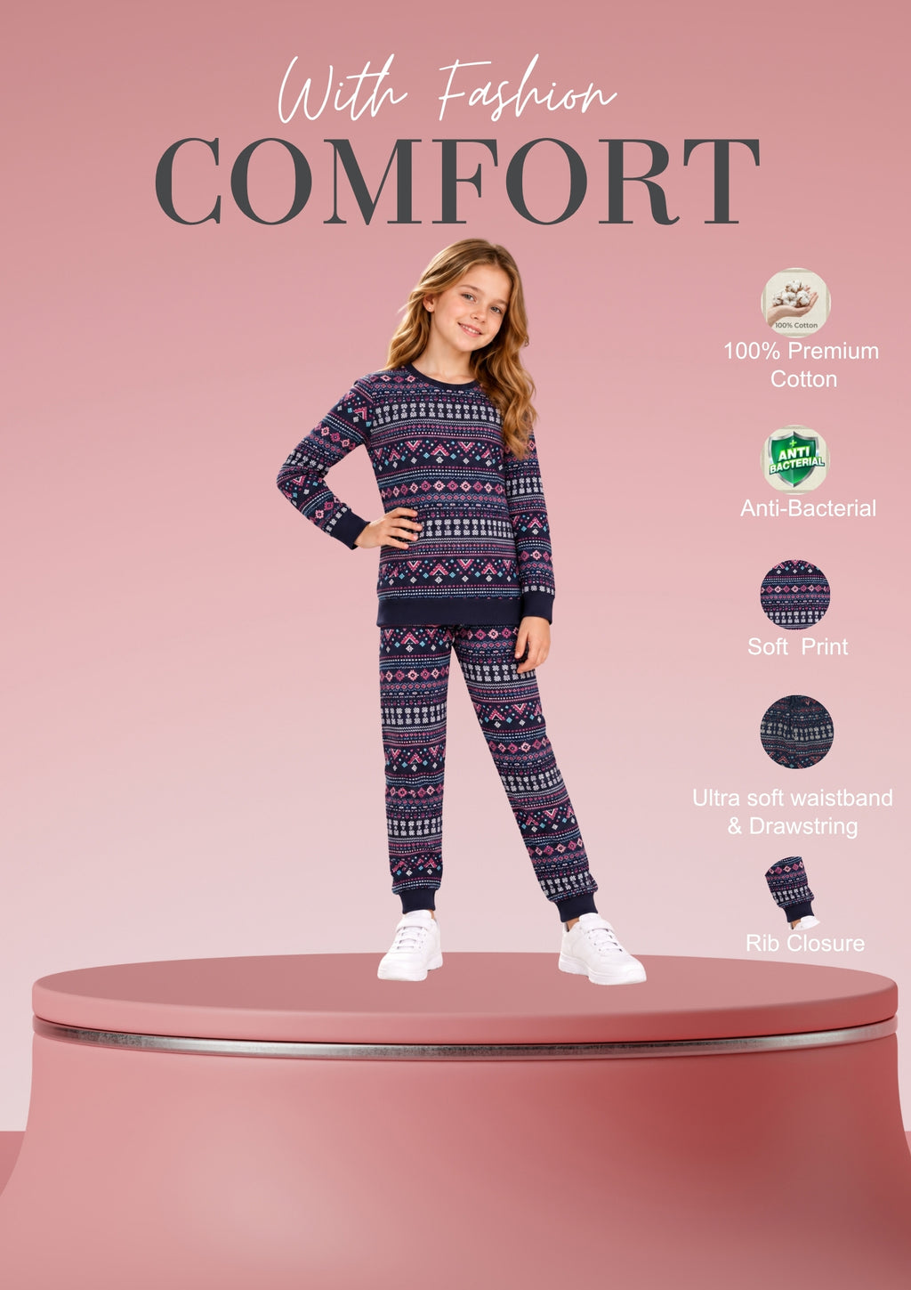 Floral & Aztec Print Girls Tee & Jogger Co-ord Set – Pure Cotton, Set of 2 Pink & Navy