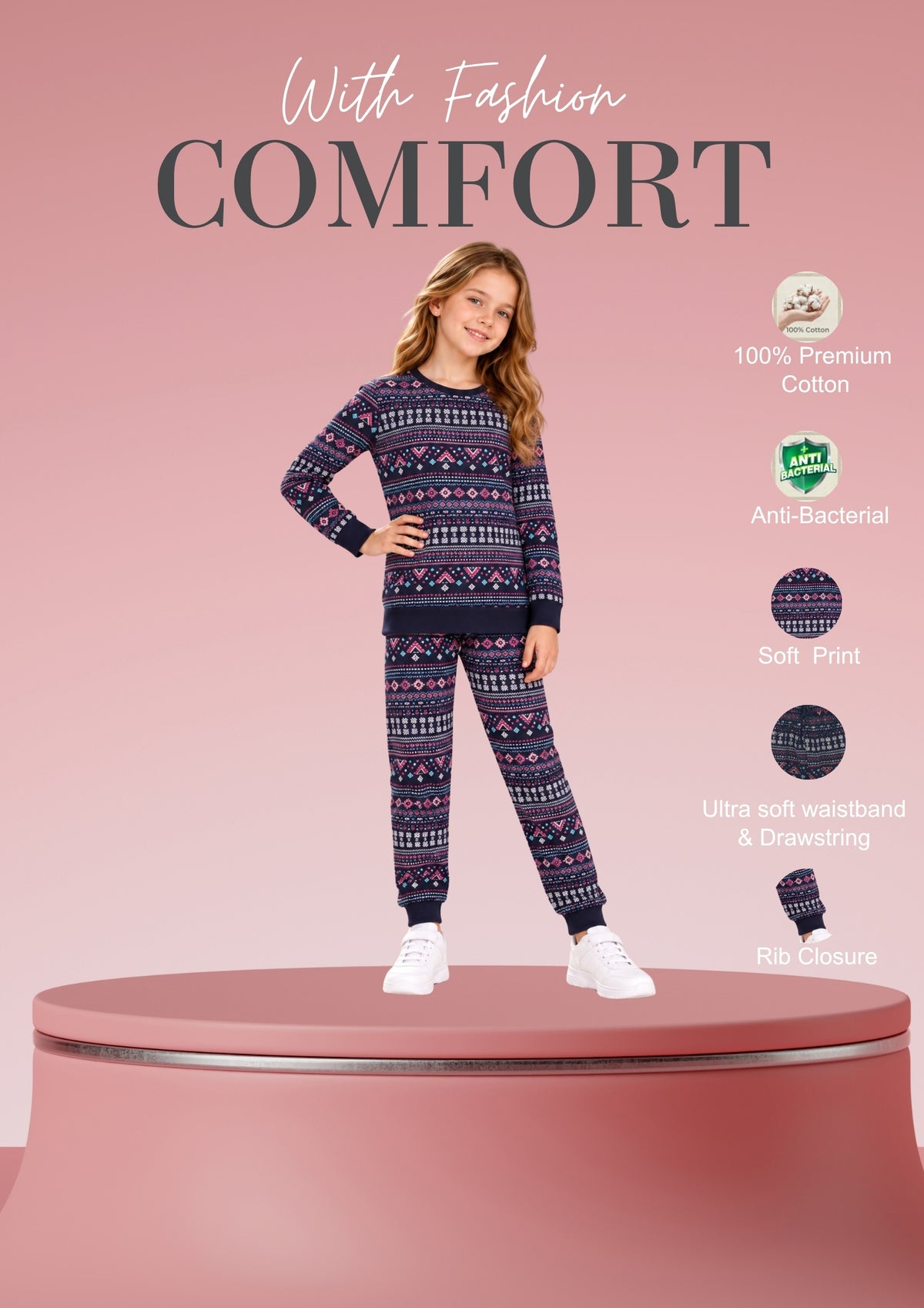 Floral & Aztec Print Girls Tee & Jogger Co-ord Set – Pure Cotton, Set of 2 Pink & Navy