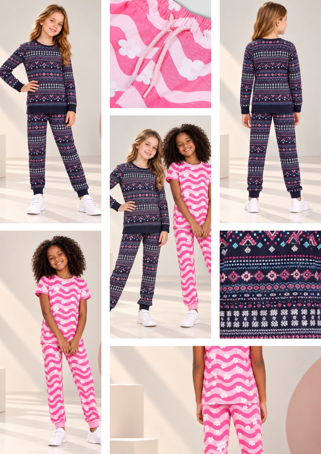 Floral & Aztec Print Girls Tee & Jogger Co-ord Set – Pure Cotton, Set of 2 Pink & Navy