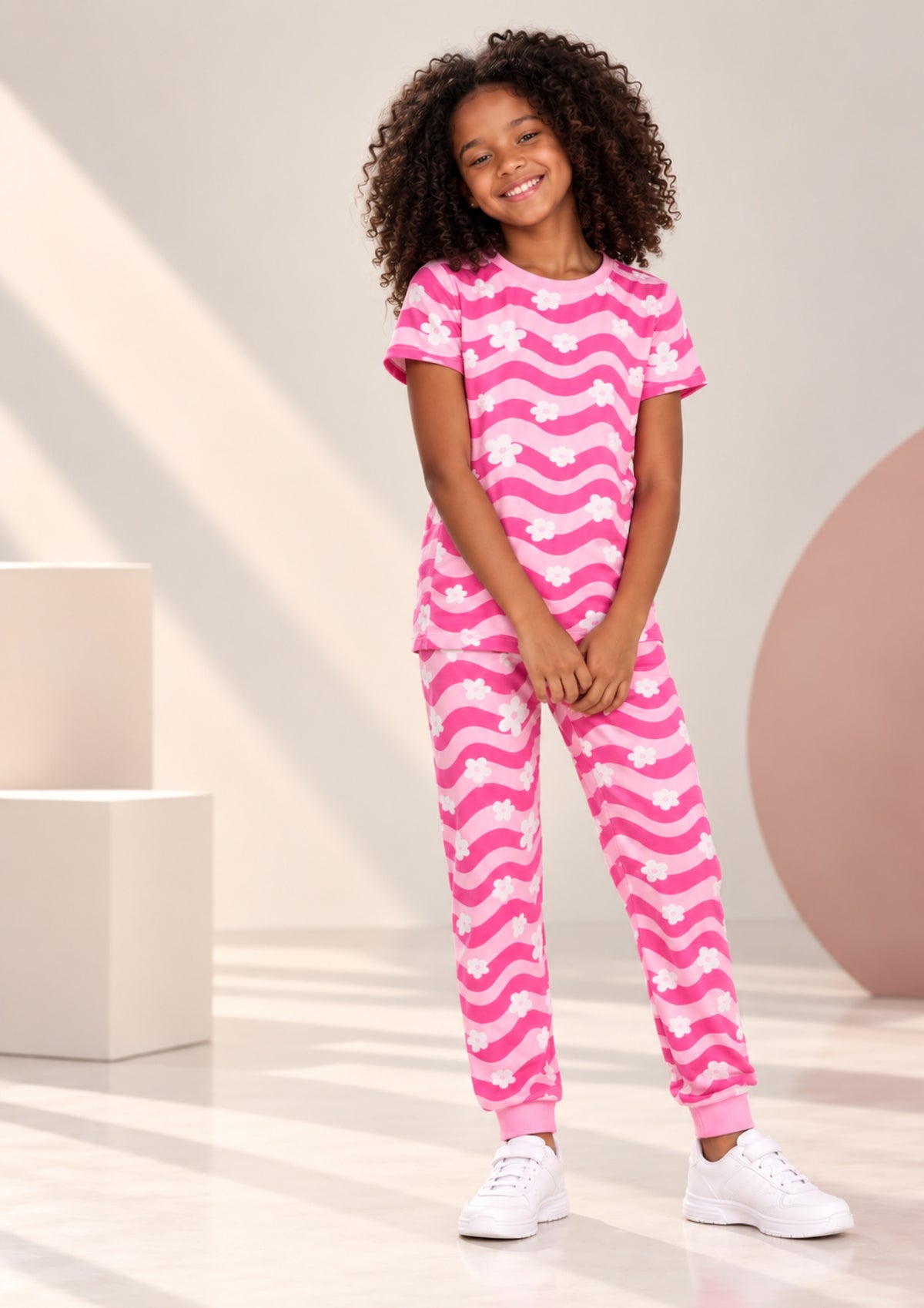 Floral & Aztec Print Girls Tee & Jogger Co-ord Set – Pure Cotton, Set of 2 Pink & Navy