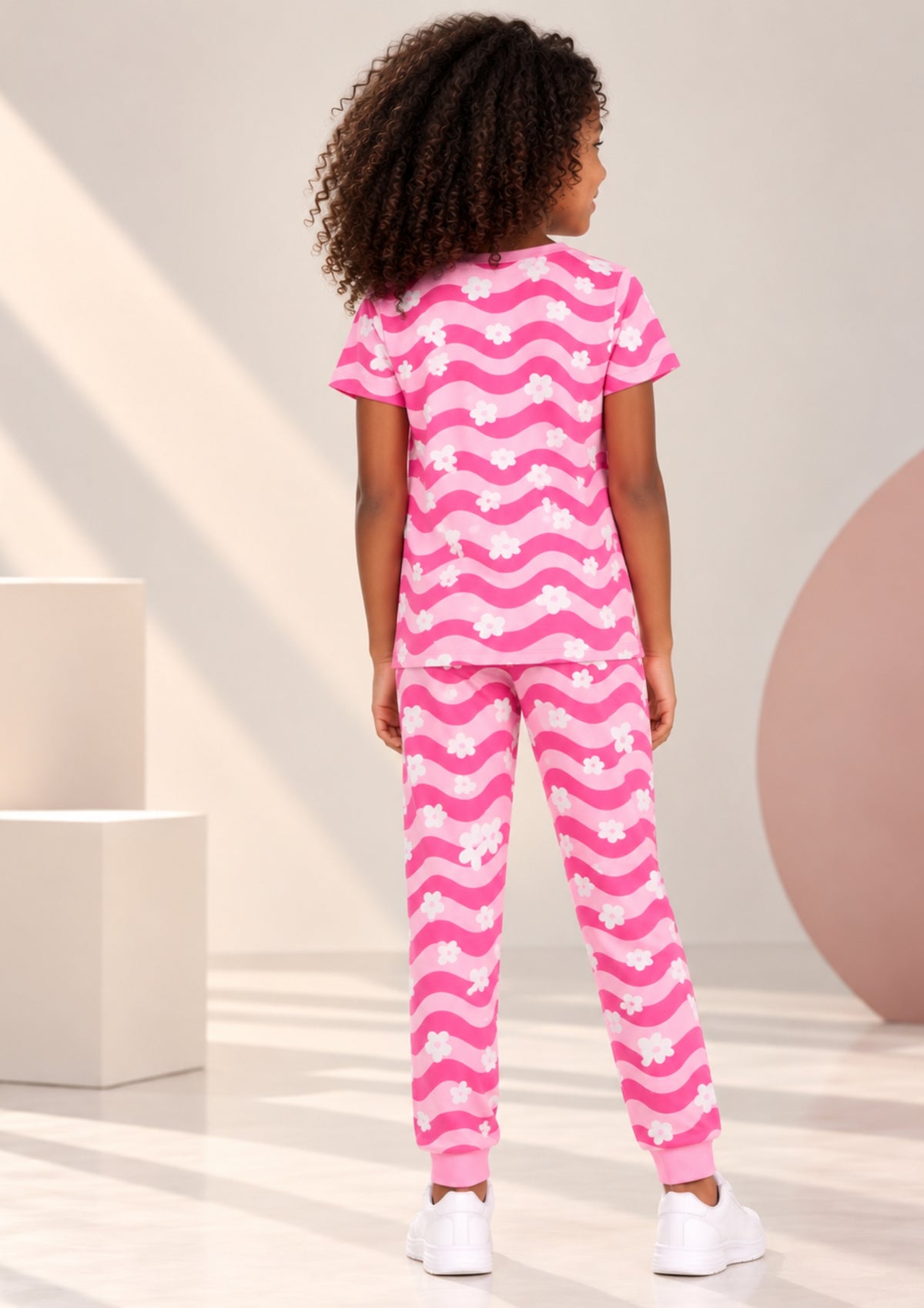 Floral & Aztec Print Girls Tee & Jogger Co-ord Set – Pure Cotton, Set of 2 Pink & Navy