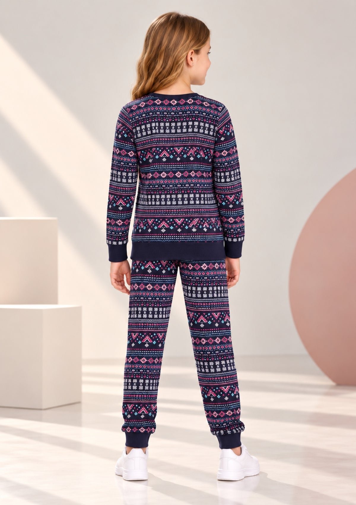 Floral & Aztec Print Girls Tee & Jogger Co-ord Set – Pure Cotton, Set of 2 Pink & Navy