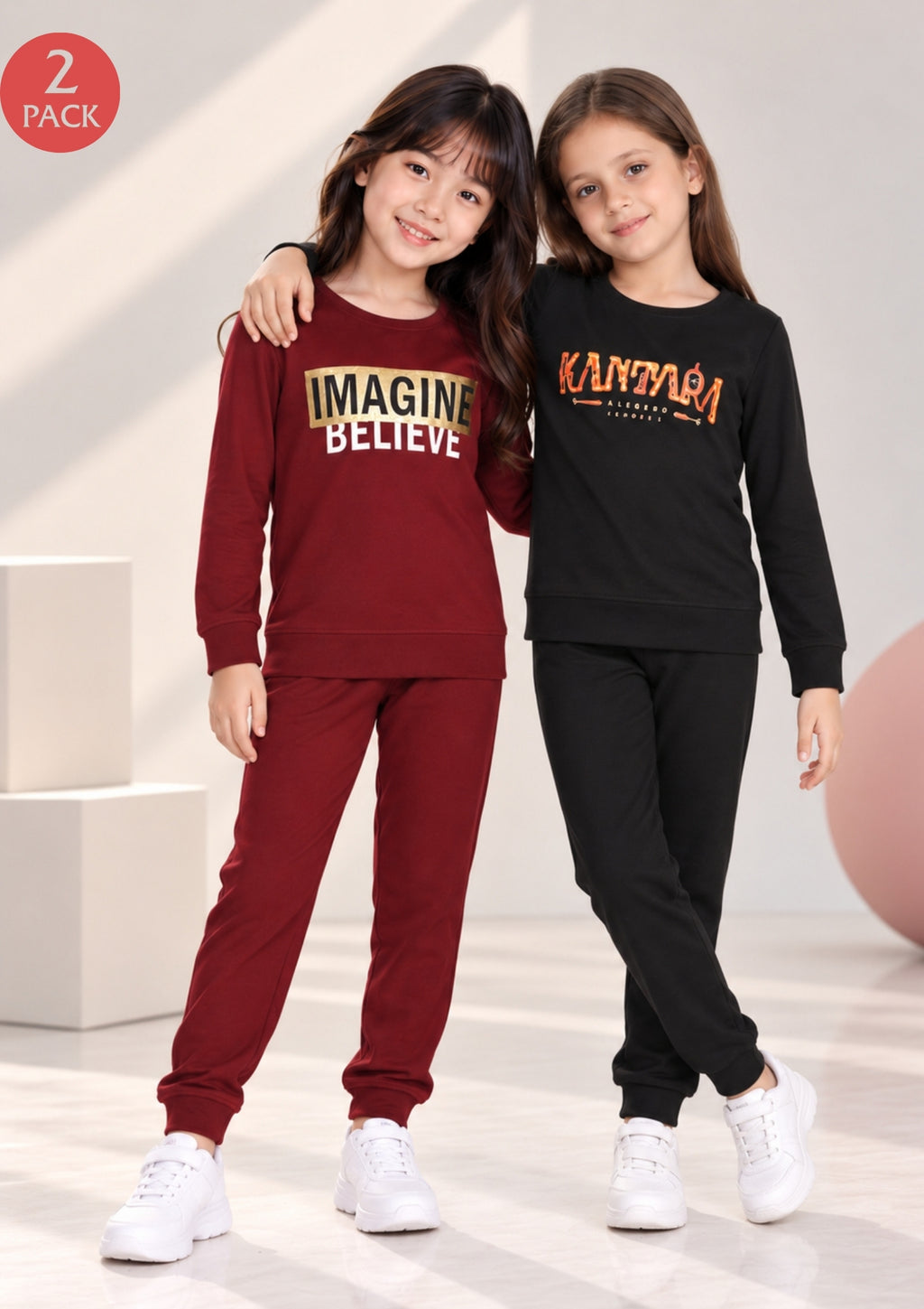 Text Print Girls Tee & Jogger Co-ord Set – Pure Cotton, Set of 2 Burgundy & Black