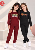 Text Print Girls Tee & Jogger Co-ord Set – Pure Cotton, Set of 2 Burgundy & Black