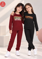 Text Print Girls Tee & Jogger Co-ord Set – Pure Cotton, Set of 2 Burgundy & Black