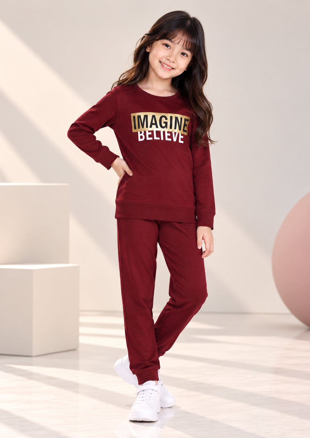 Text Print Girls Tee & Jogger Co-ord Set – Pure Cotton, Set of 2 Burgundy & Black