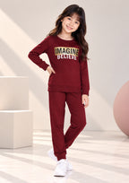 Text Print Girls Tee & Jogger Co-ord Set – Pure Cotton, Set of 2 Burgundy & Black