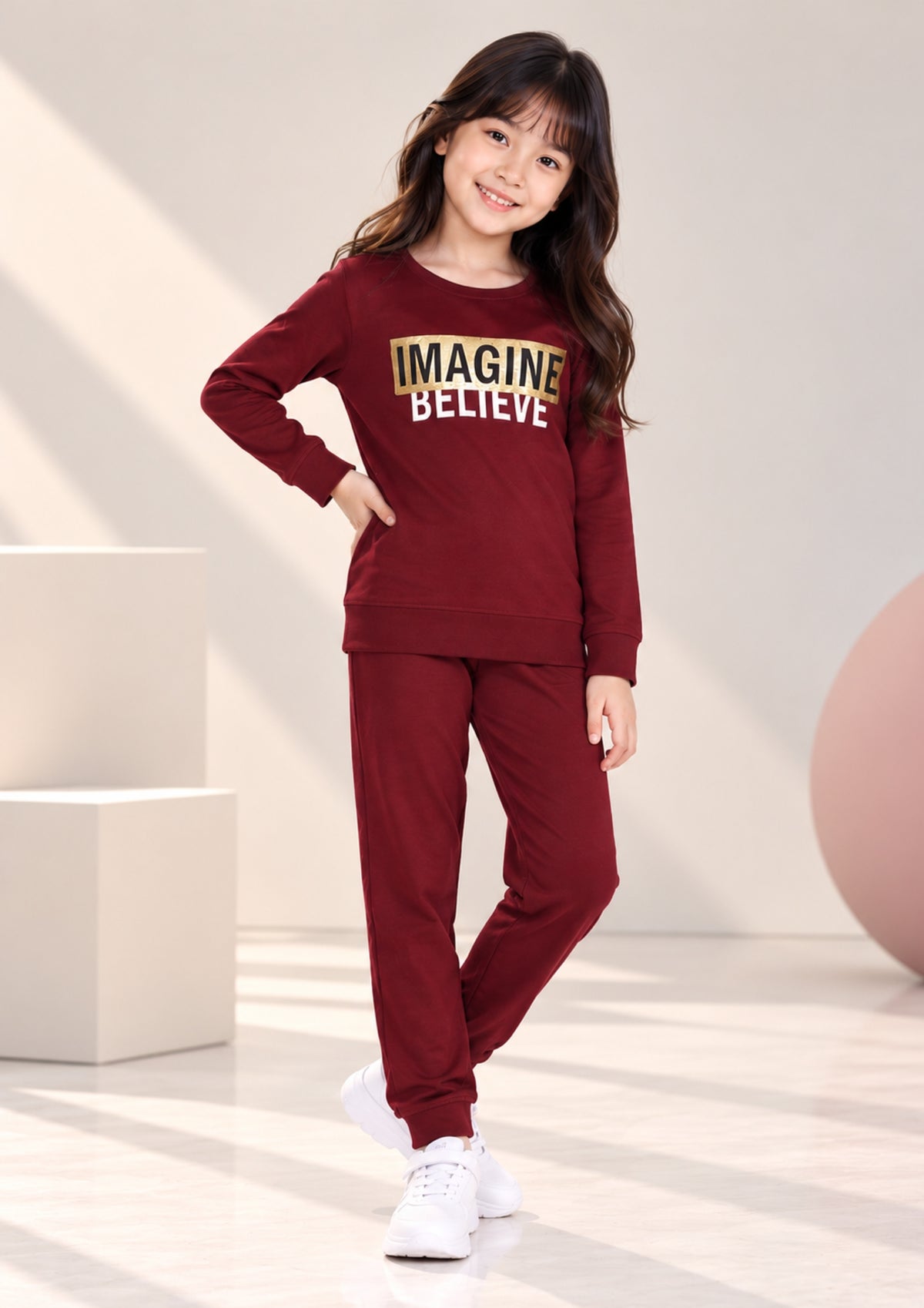 Text Print Girls Tee & Jogger Co-ord Set – Pure Cotton, Set of 2 Burgundy & Black
