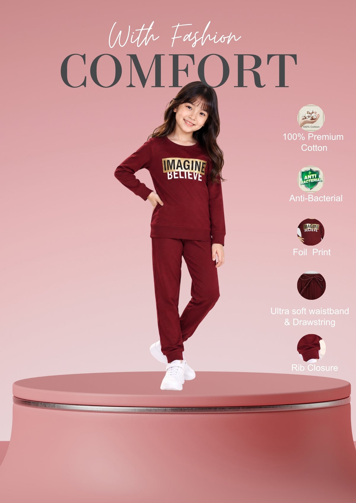 Text Print Girls Tee & Jogger Co-ord Set – Pure Cotton, Set of 2 Burgundy & Black