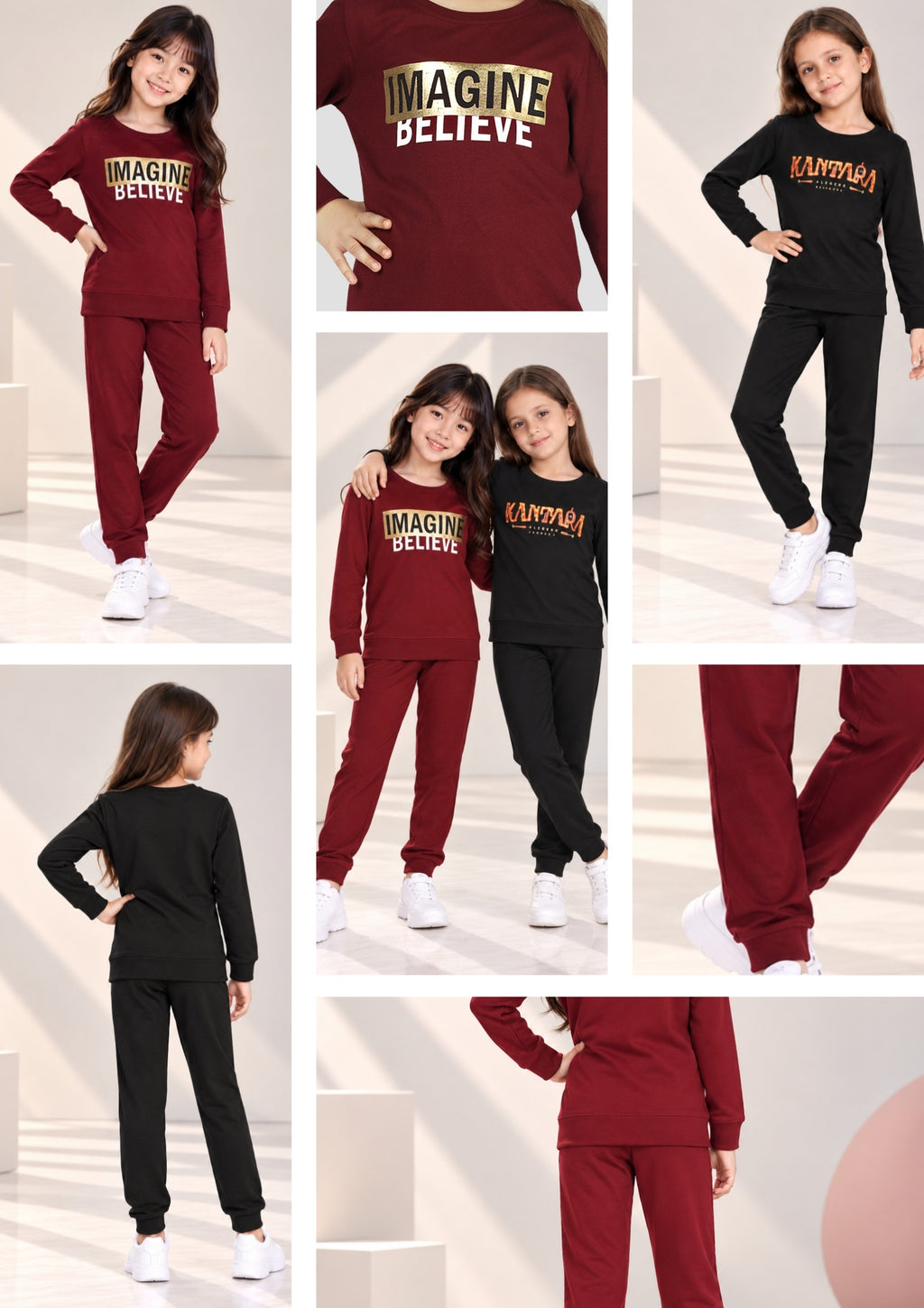 Text Print Girls Tee & Jogger Co-ord Set – Pure Cotton, Set of 2 Burgundy & Black