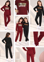 Text Print Girls Tee & Jogger Co-ord Set – Pure Cotton, Set of 2 Burgundy & Black