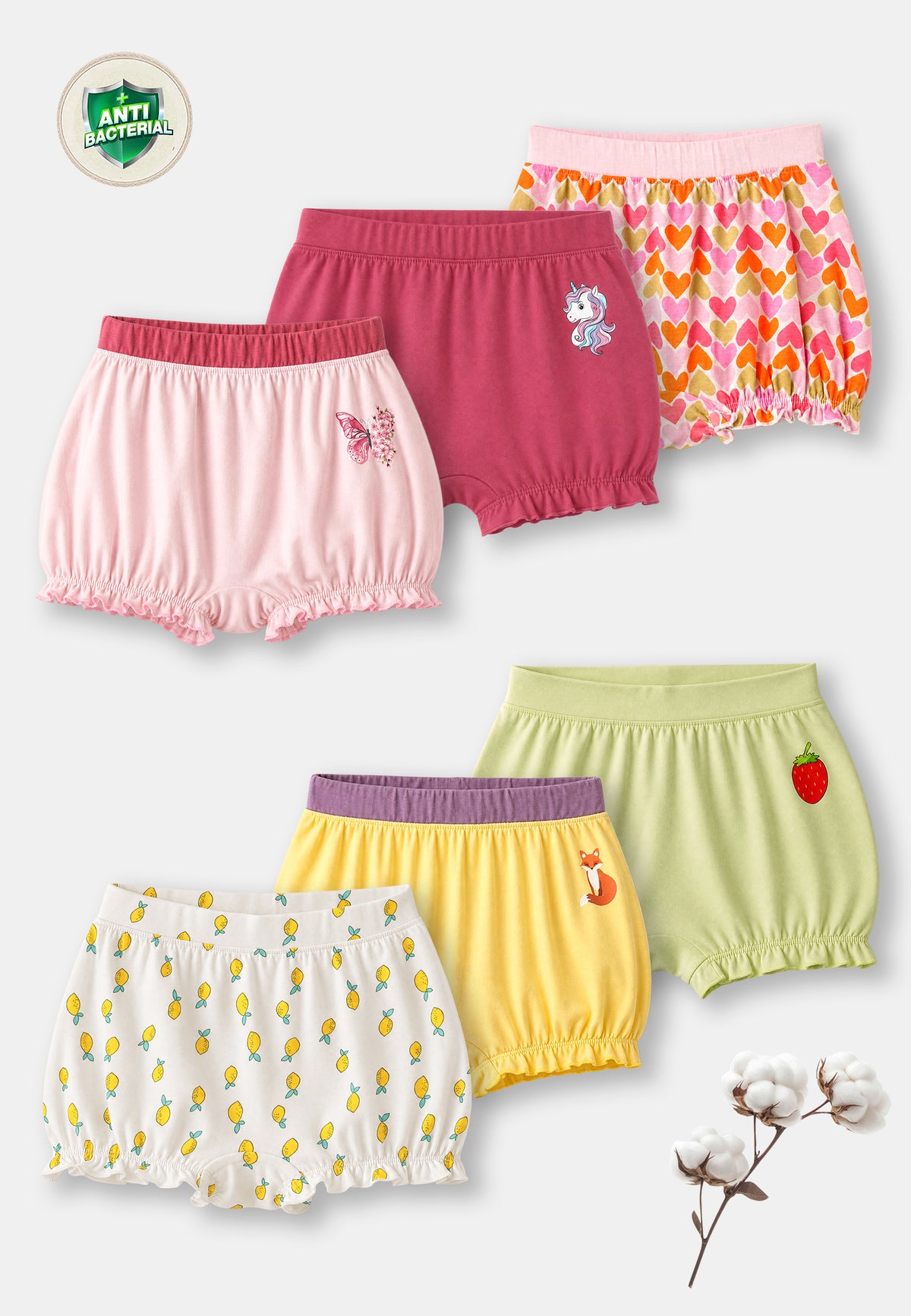 Heart Print Girls Bloomer Panties – Pack of 6 (Pure Cotton)