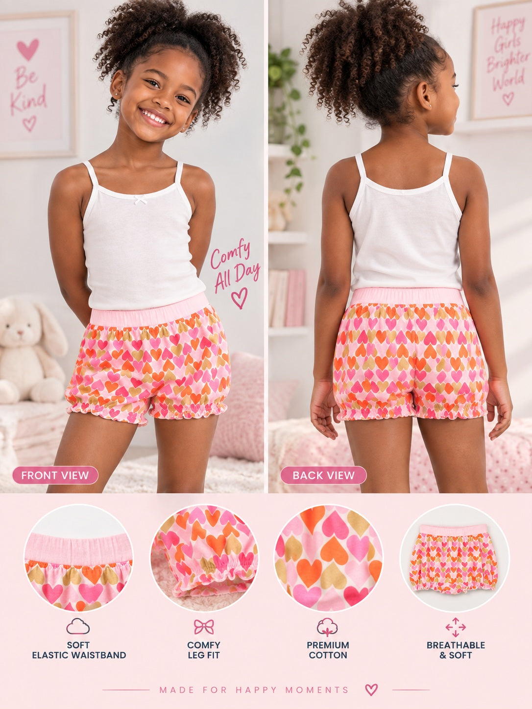 Heart Print Girls Bloomer Panties – Pack of 6 (Pure Cotton)