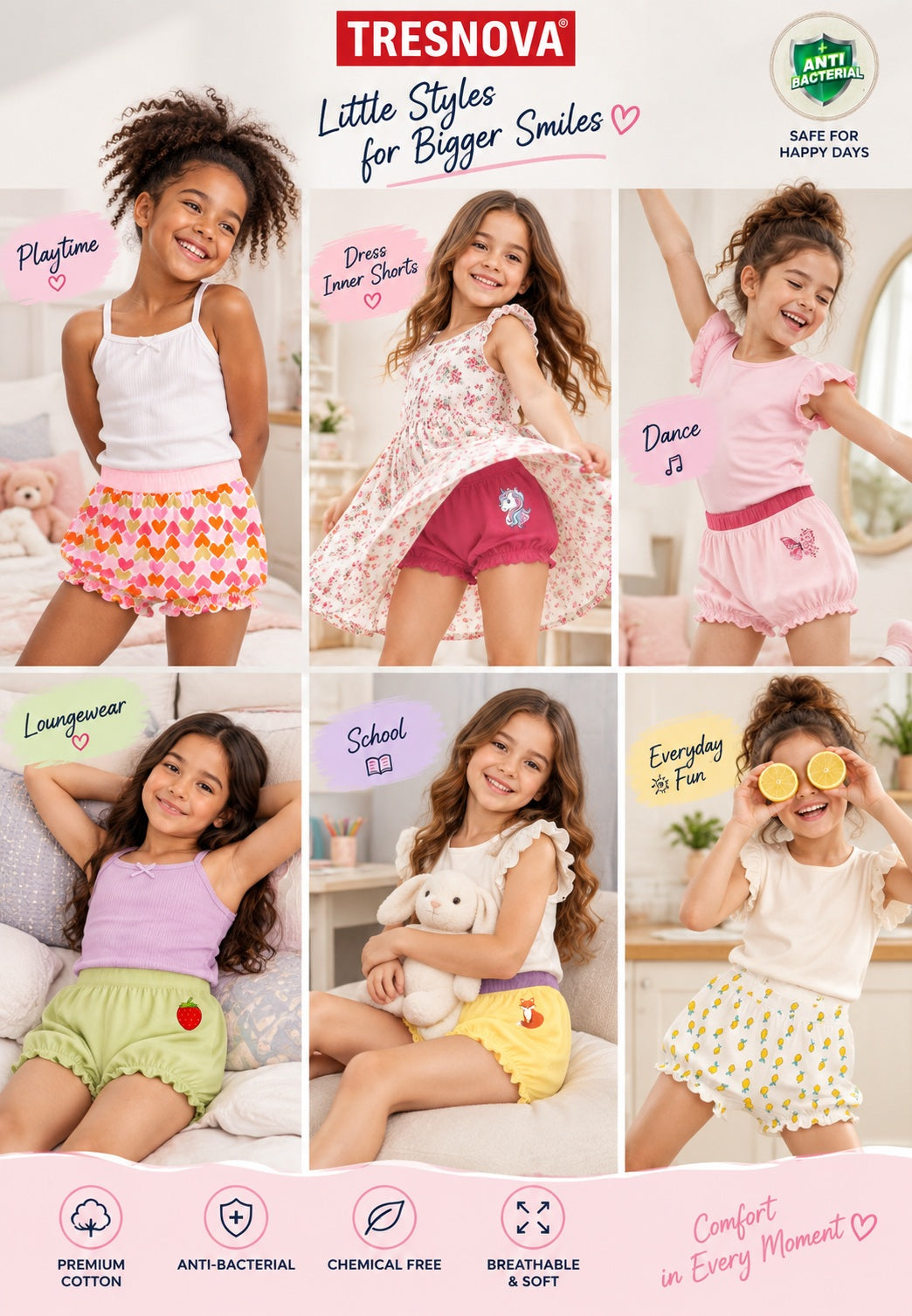 Heart Print Girls Bloomer Panties – Pack of 6 (Pure Cotton)