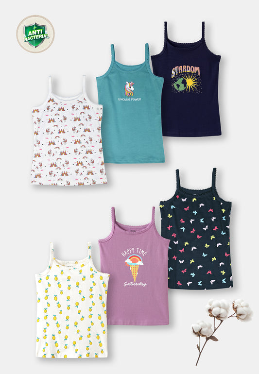 Unicorn Print Girls Camisoles – Pack of 6 (Cotton Lycra)