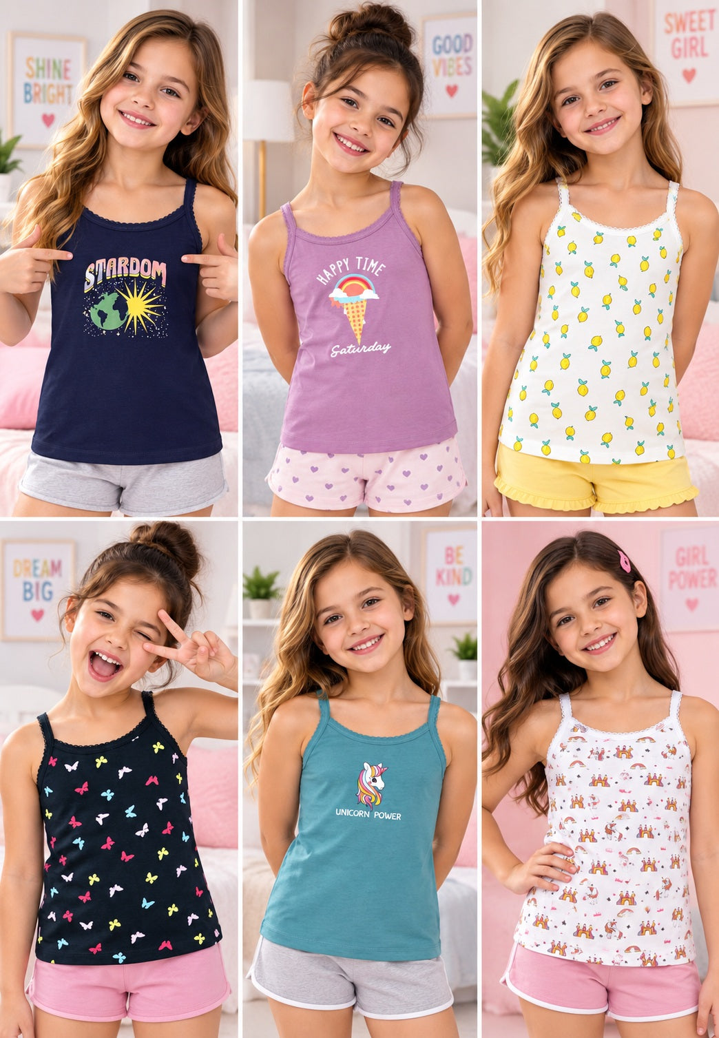 Unicorn Print Girls Camisoles – Pack of 6 (Cotton Lycra)