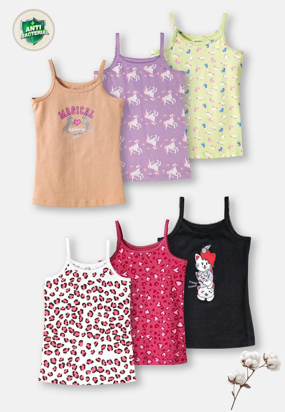 Leopard Print Girls Camisoles – Pack of 6 (Cotton Lycra)