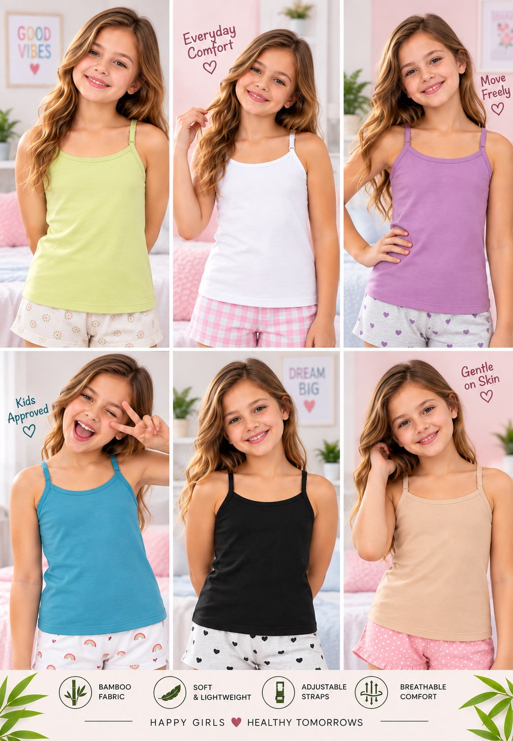 Girls Camisoles – Pack of 6 (Bamboo)