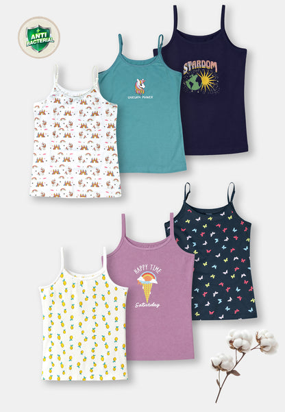 Unicorn Print Beginner's Girls Camisoles – Pack of 6 (Cotton Lycra)