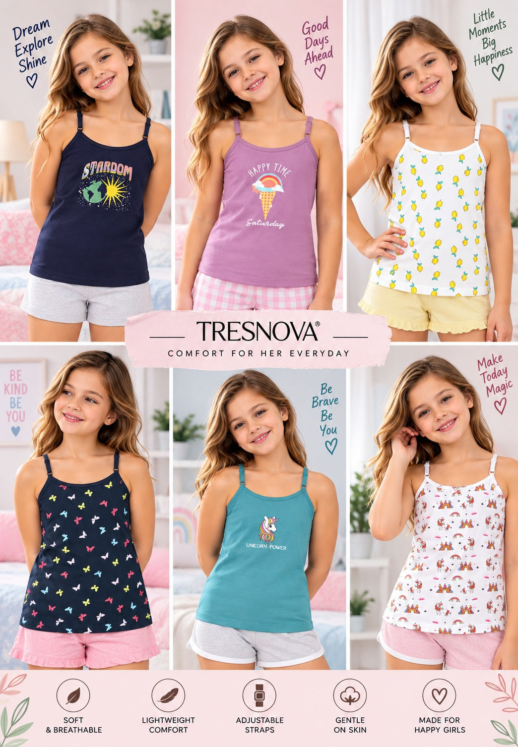 Unicorn Print Beginner's Girls Camisoles – Pack of 6 (Cotton Lycra)