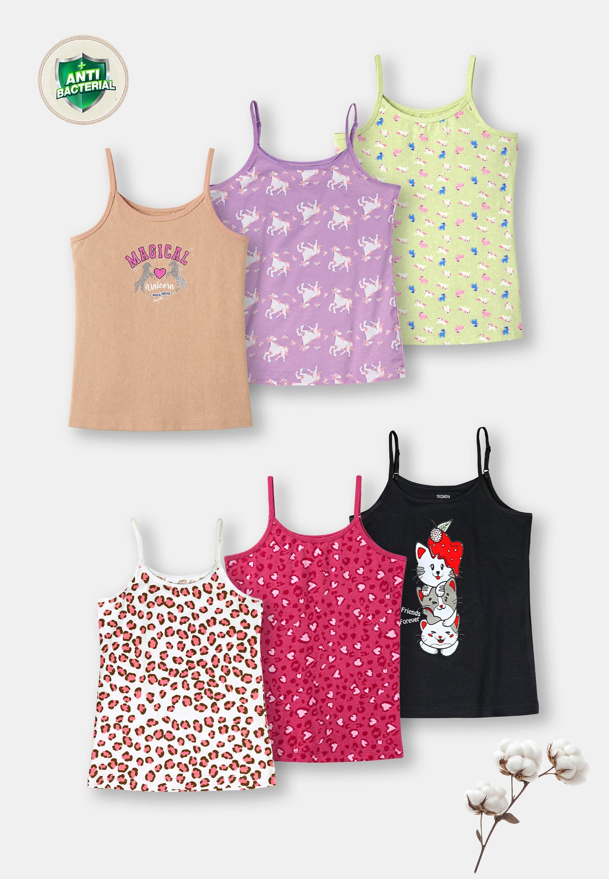 Leopard Print Girls Camisoles – Pack of 6 (Cotton Lycra)
